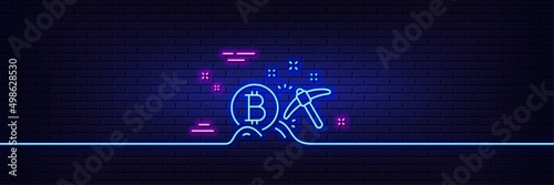 Neon light glow effect. Bitcoin mining line icon. Cryptocurrency coin sign. Crypto money pickaxe symbol. 3d line neon glow icon. Brick wall banner. Bitcoin mining outline. Vector