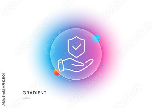 Insurance hand line icon. Gradient blur button with glassmorphism. Risk coverage sign. Policyholder protection symbol. Transparent glass design. Insurance hand line icon. Vector