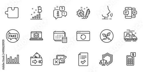 Outline set of Startup, Calculator and Fake news line icons for web application. Talk, information, delivery truck outline icon. Include Wallet, Approved checklist, Puzzle icons. Vector