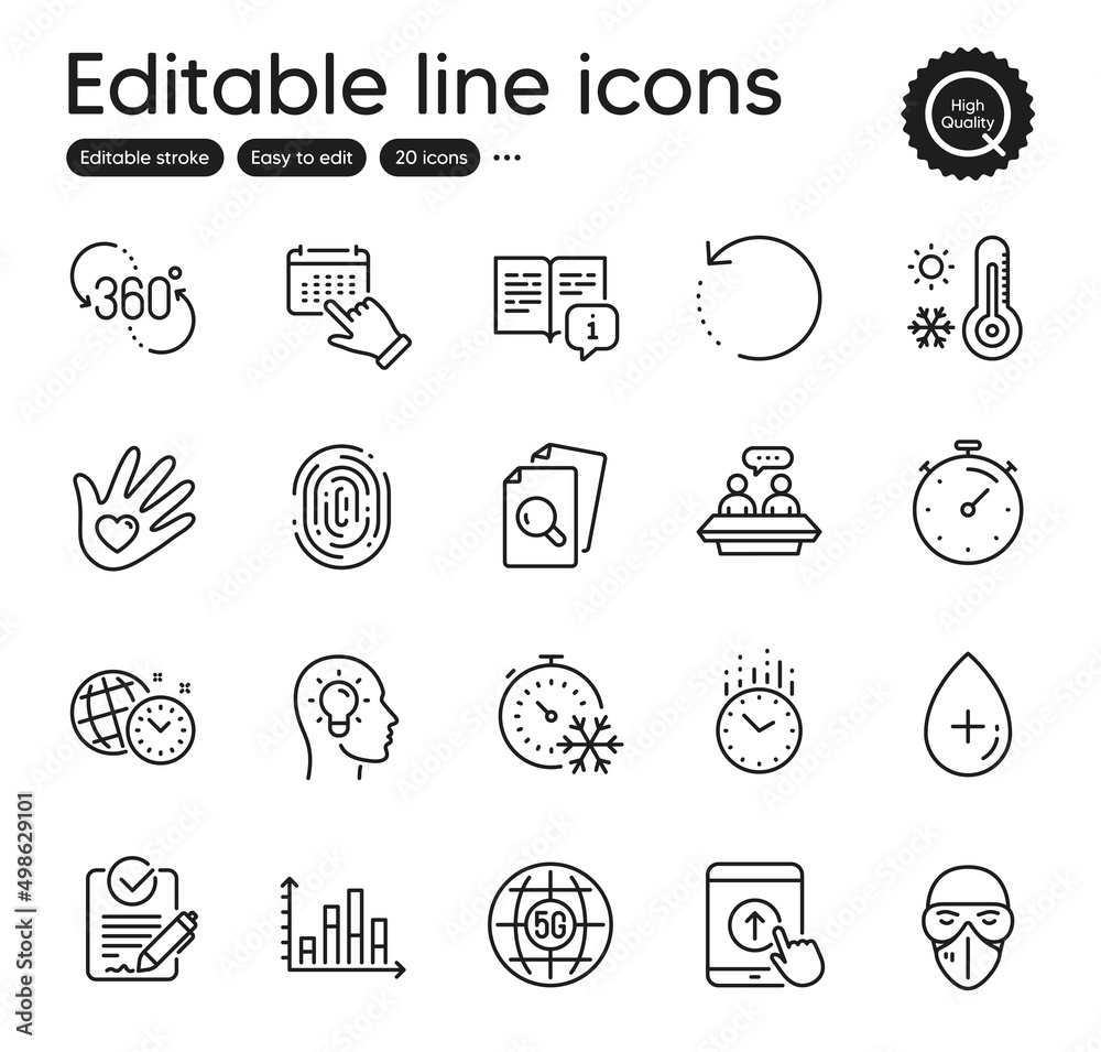 Set of Science outline icons. Contains icons as Idea head, Time management and 360 degree elements. Manual, Swipe up, 5g internet web signs. Timer, Social responsibility, Medical mask elements. Vector Set of Science outline icons. Contains icons as Idea head, Time management and 360 degree elements. Manual, Swipe up, 5g internet web signs. Timer, Social responsibility, Medical mask elements. Vector