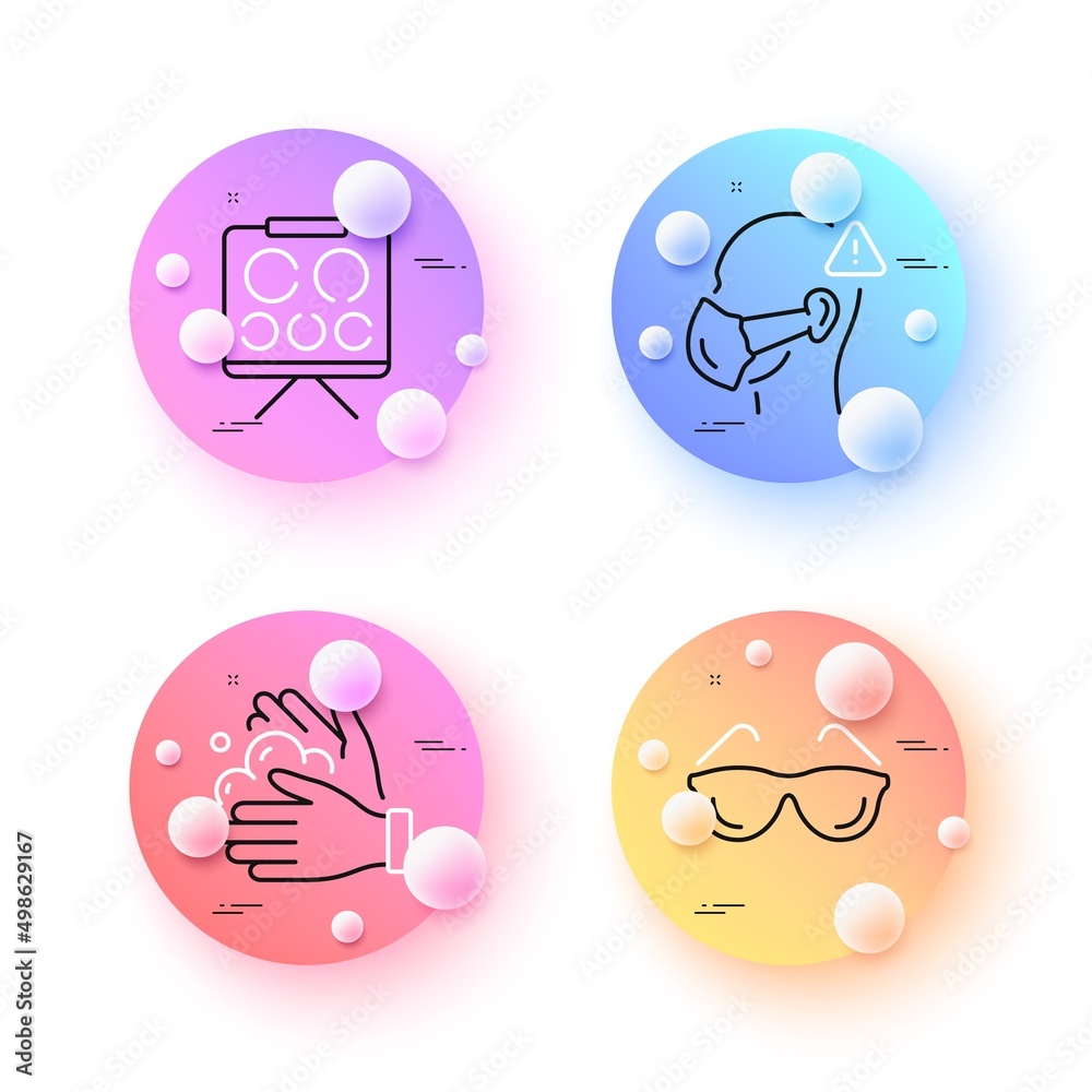 Medical mask, Wash hands and Eyeglasses minimal line icons. 3d spheres or balls buttons. Vision board icons. For web, application, printing. Face respirator, Soap washing, Optometry. Eye check. Vector Medical mask, Wash hands and Eyeglasses minimal line icons. 3d spheres or balls buttons. Vision board icons. For web, application, printing. Face respirator, Soap washing, Optometry. Eye check. Vector