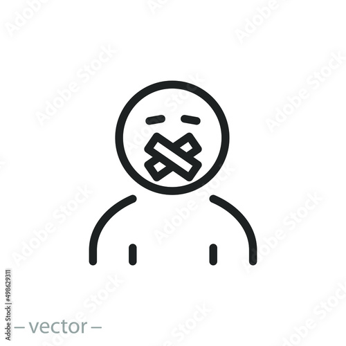 violence censorship icon, no freedom of speech, at person has tape on mouth, infringement right human to speak, thin line symbol - editable stroke vector illustration photo