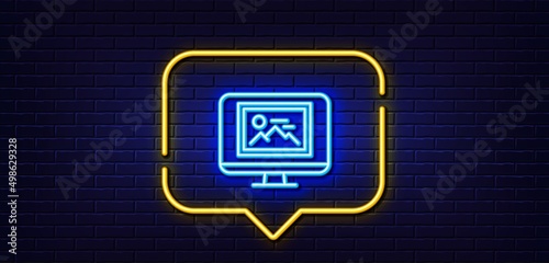 Neon light speech bubble. Photo thumbnail line icon. Monitor with Image sign. Picture placeholder symbol. Neon light background. Photo thumbnail glow line. Brick wall banner. Vector