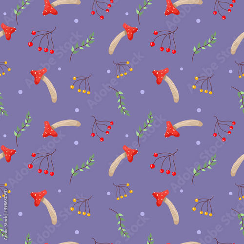 Cartoon seamless pattern with mushrooms and purple background © Elina