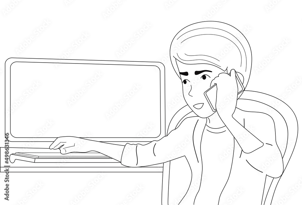 Serious guy talking on the phone.Business, freelancing. Vector illustration isolated on white background.