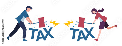 税金に腹を立てている若者　男女　人物　フラットイラスト