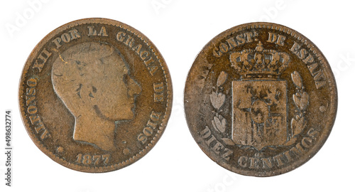 Spanish coins - 10 cents, Alfonso XII. Minted in bronze in 1877 photo
