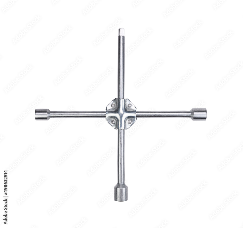 Steel chrome plated cross shaped car wrench isolated on white background. Steel chrome plated cross shaped car wrench isolated on white background.