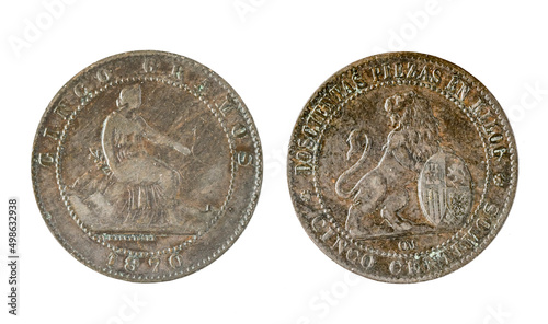 Spanish coins - 5 cents, Provisional Government. Minted in copper from the year 1870 photo