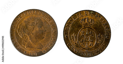 Spanish coins - 1 cent of a shield, Elizabeth II. Minted in copper from the year 1866