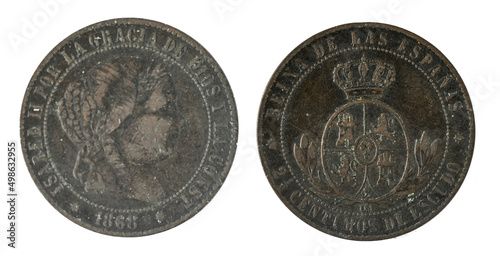 Spanish coins - two and a half centimos de escudo, Isabel II. Minted in copper from the year 1868 photo