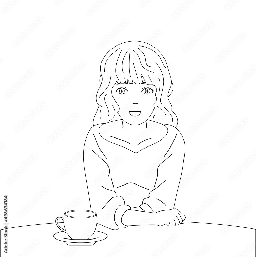 Girl with a cup of coffee or tea. Smile and good mood. Vector illustration,isolated background Girl with a cup of coffee or tea. Smile and good mood. Vector illustration,isolated background
