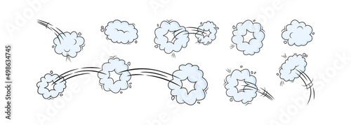 Speed vector blue clouds. Catroon motion puff effect explosion bubbles, jumps with smoke or dust. Fun illustration photo
