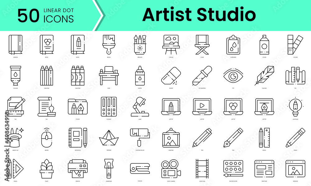 Set of artist studio icons. Line art style icons bundle. vector illustration