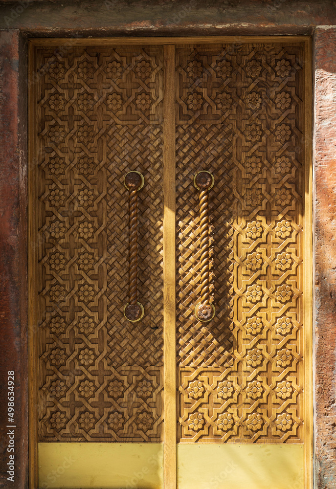 Wooden carved door of Zoravor Surp Astvatsatsin Church is the oldest surviving church in Yerevan, Armenia