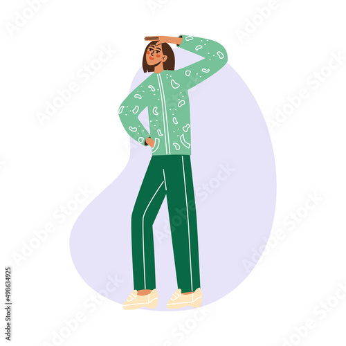 Young woman looking into the distance. Flat vector illustration, isolated on the white background