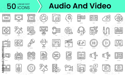 Set of audio and video icons. Line art style icons bundle. vector illustration