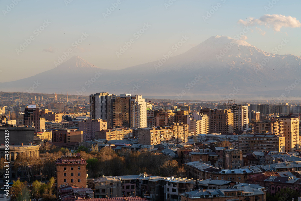 Mount Ararat and Yerevan viewed from Cascade at sunset, Yerevan, Armenia, Middle East, Asia