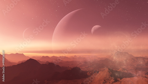 3d rendered Space Art  Alien Planet - A Fantasy Landscape with red skies and stars