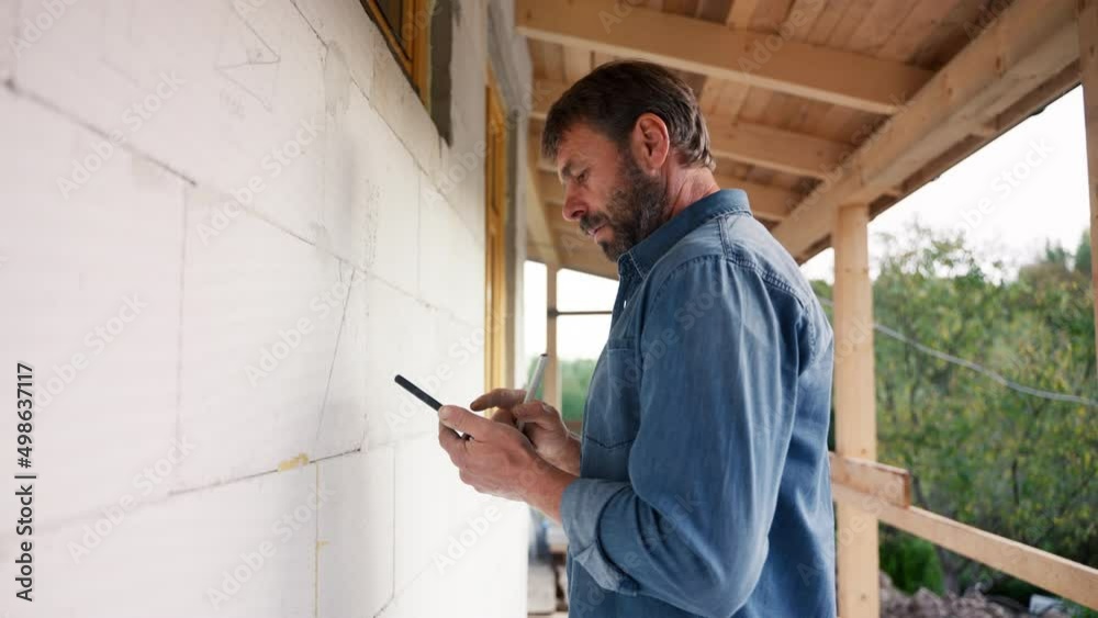 Handyman drawing on wall in construction site Handyman drawing on wall in construction site