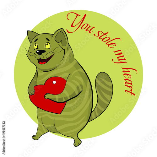 You stole my heart. Valentine card with striped cat and text. Otkritka to express feelings for a loved one. Vector illustration photo