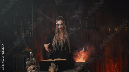 Wallpaper Mural Halloween, witch reading magic book use cauldron prepare poison or love potion. Black magic occult female wizard in dark room cage spider web human skull Necromancer. voodoo. Handheld Torontodigital.ca