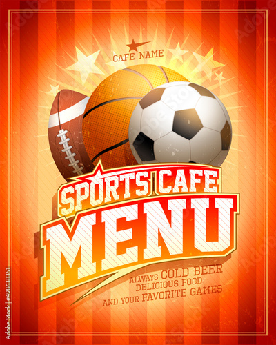 Sports cafe menu card design template with football, basketbaSports cafe menu card template