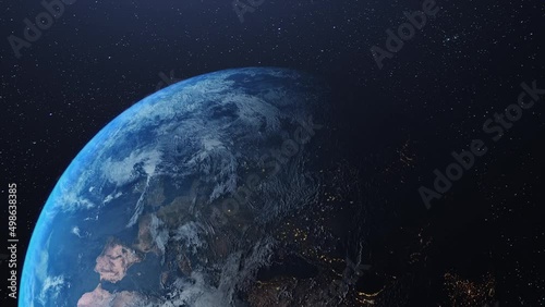 Earth from space. Stars twinkle. No sun in the frame. Flight over the Earth. 4K. Sunrise. The earth slowly rotates. Realistic atmosphere. 3D Volumetric clouds. The camera 36mm moves forward.