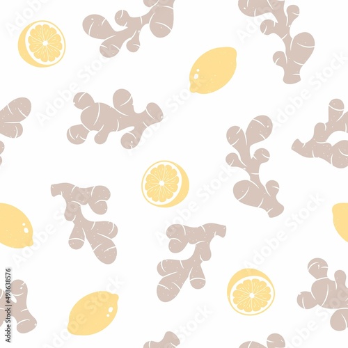 Ginger roots with lemon seamless pattern. Vector background from ingredients for warming tea. Whole ginger roots with lemon. Grunge texture, vintage, retro style