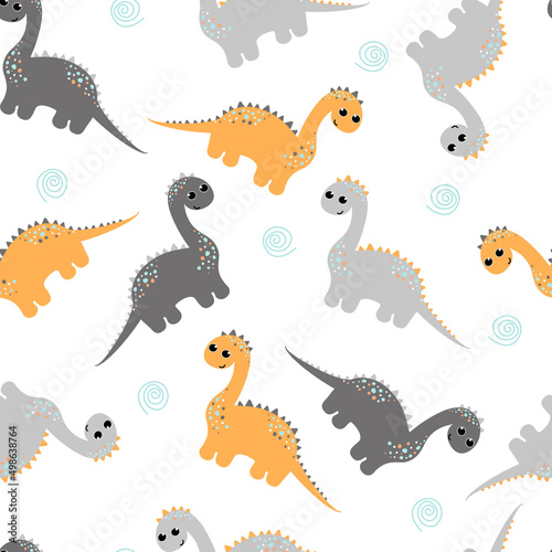 Little cute dinosaurs on a white background. Seamless pattern in cartoon children style. Background  wallpaper  textile  fabric with cute funny cartoons dino