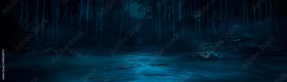 Dark fantasy forest. River in the forest with stones on the shore. Moonlight, night forest landscape. Smoke, smog, fog. Bridge over river. Fantasy landscape. 3D illustration.