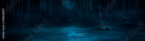 Dark fantasy forest. River in the forest with stones on the shore. Moonlight, night forest landscape. Smoke, smog, fog. Bridge over river. Fantasy landscape. 3D illustration.