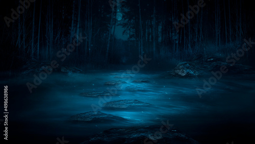 Dark fantasy forest. River in the forest with stones on the shore. Moonlight, night forest landscape. Tym, smog, fog. Bridge over river. Fantasy landscape.