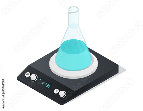 Chemical scales concept. Medical things for analyzing composition of liquid, weighing flask with solutions. Substances and reagents for scientific experiments. Cartoon isometric vector illustration