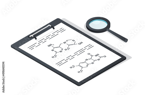 Clipboard and glass. Chemical formulas and study of reactions. Interaction of substances and recording of intermediate results. Development of medical products. Cartoon isometric vector illustration