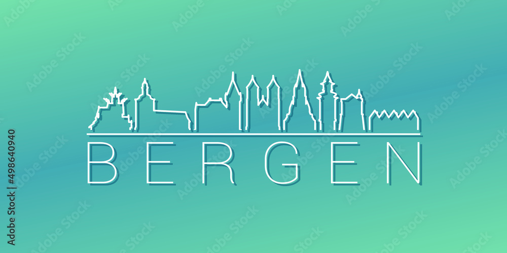 Bergen, Norway Skyline Linear Design. Flat City Illustration Minimal Clip Art. Background Gradient Travel Vector Icon.