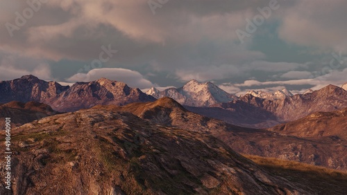 Mountainous highlands landscape against a sunset sky, 3D Illustration, 3D Rendering