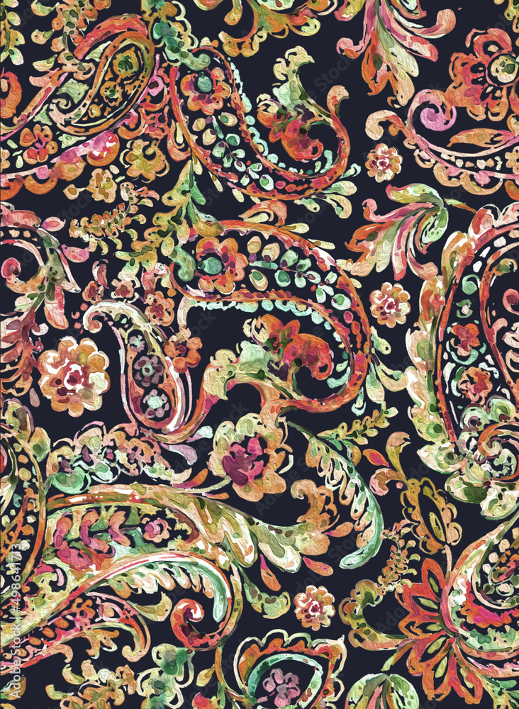 Seamless hand painted watercolour 
 Multicolor paisley pattern