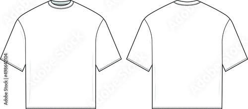 Boxy oversized fit t-shirt flat technical drawing illustration short sleeve blank streetwear mock-up template for design and tech packs.
