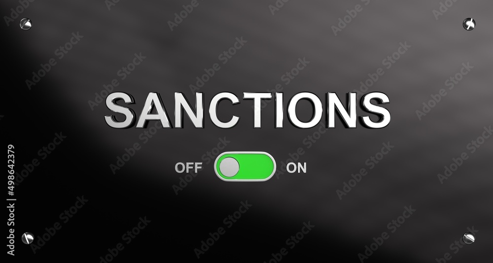 Obraz premium Deactivated ON-OFF switch to turn off sanctions on the black panel. Lifting sanctions. Modern digital concept of sanctions. 3D rendering