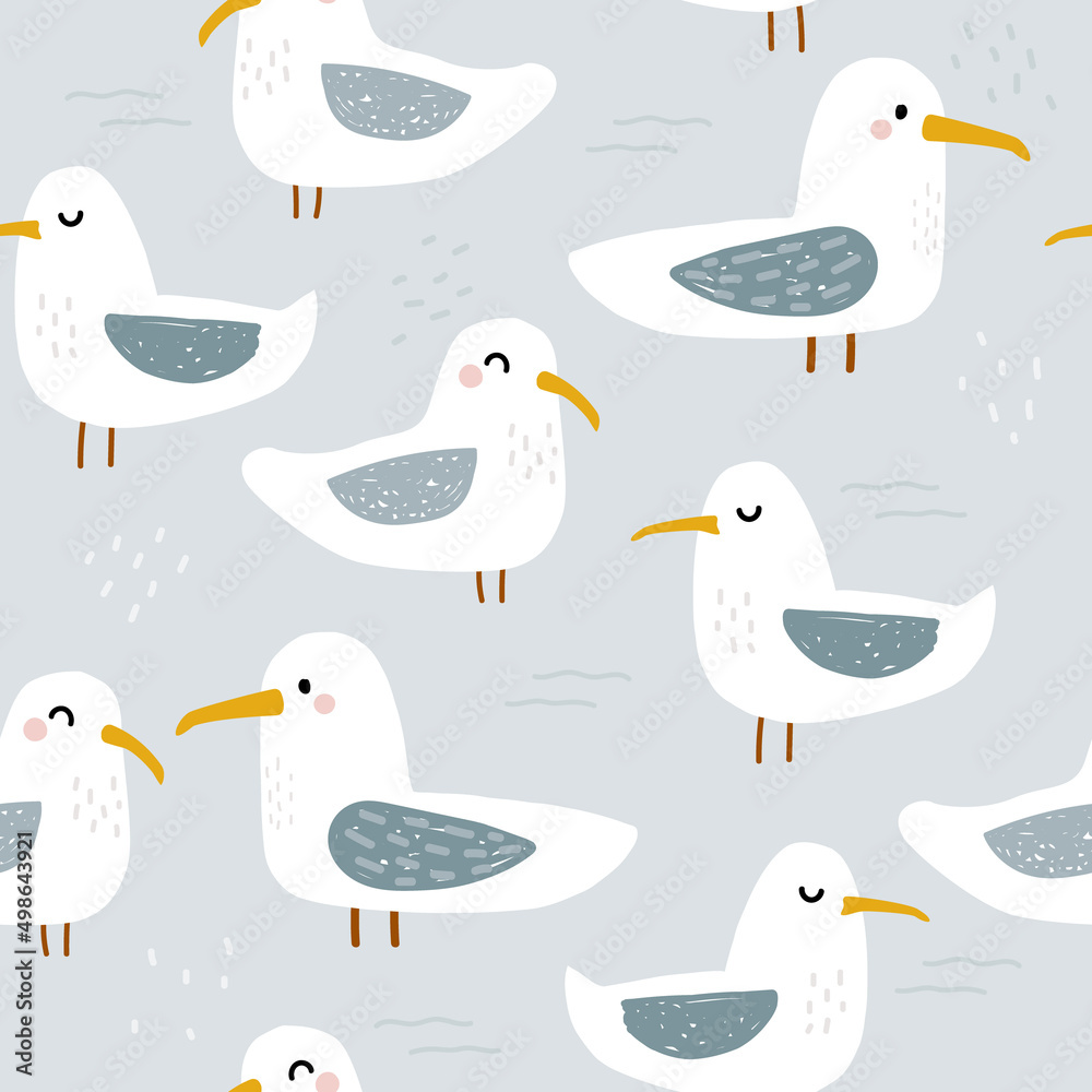 Fototapeta premium Funny seamless pattern with cartoon seagulls. Childish print. Vector hand drawn illustration.