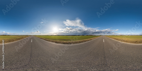 full seamless spherical hdri panorama 360 degrees angle view on asphalt road among fields in summer evening sunset with awesome clouds in equirectangular projection  ready for VR AR virtual reality