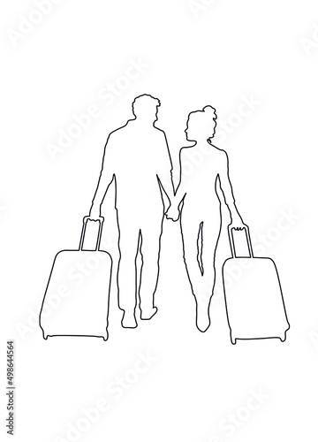 Traveling people with luggage.Couple in love walking with suitcases in airport.Vector man woman illustration outline silhouette holding two hands. Journey.Rest.Vacation.Travel.Male female stencil. DIY