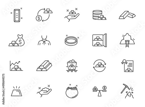 Gold metal ingot line icon set. Vector gold bar precious investment money pot, golden brick stroke icon set
