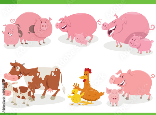 cartoon farm animal characters set with babies
