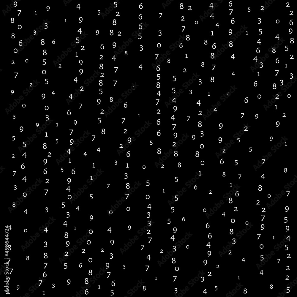 Falling numbers, big data concept. Binary white orderly flying digits. Curious futuristic banner on black background. Digital vector illustration with falling numbers. Falling numbers, big data concept. Binary white orderly flying digits. Curious futuristic banner on black background. Digital vector illustration with falling numbers.