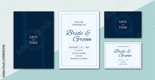 Minimalist Abstract wave line art pattern dark blue shade theme wedding invitation card template
