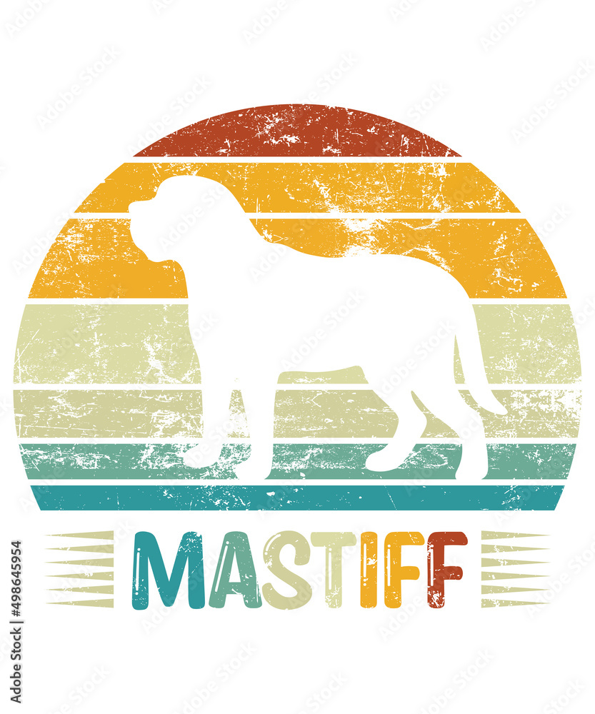 Mastiff Retro Vintage Sunset T-shirt Design template, Mastiff on Board, Car Window Sticker, POD, cover, Isolated white background, White Dog Silhouette Gift for Mastiff Lover