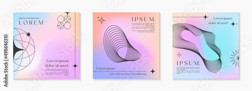 Vector mesh gradient backgrounds with wireframe geometric shapes,copy space for text.Abstract illustrations in y2k aesthetic.Pastel colors.Trendy minimalist designs for banners,social media,covers.