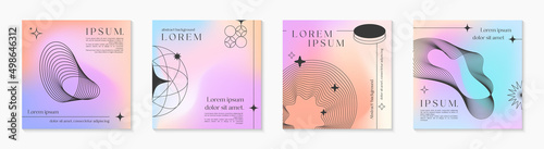 Vector mesh gradient backgrounds with wireframe geometric shapes,copy space for text.Abstract illustrations in y2k aesthetic.Pastel colors.Trendy minimalist designs for banners,social media,covers.